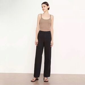 Vince High Waist Washed Casual Pant Wide Leg Cotton Linen Twill Trouser Black 12